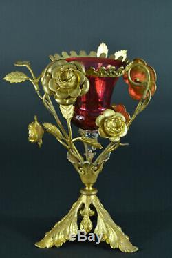 Ancien grande Lampe veilleuse D'église Gothique doré verre Rouge fleurs 19 thc