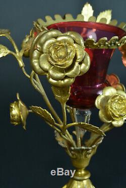 Ancien grande Lampe veilleuse D'église Gothique doré verre Rouge fleurs 19 thc