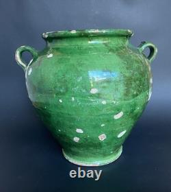 Ancien pot à confit terre cuite vernissée verte et jaune Sud-Ouest XIXème
