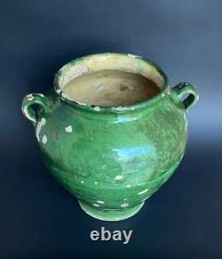 Ancien pot à confit terre cuite vernissée verte et jaune Sud-Ouest XIXème