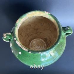 Ancien pot à confit terre cuite vernissée verte et jaune Sud-Ouest XIXème