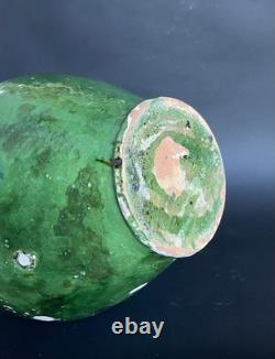 Ancien pot à confit terre cuite vernissée verte et jaune Sud-Ouest XIXème