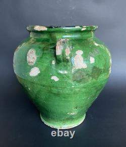 Ancien pot à confit terre cuite vernissée verte et jaune Sud-Ouest XIXème
