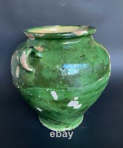 Ancien pot à confit terre cuite vernissée verte et jaune Sud-Ouest XIXème