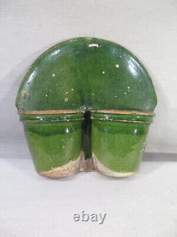 Ancienne Applique 2 Pots En Terre Cuite Vernissee Verte Cuilleres Art Populaire