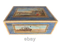 Ancienne Boite à ouvrage peinte tableau peuplier miroir Coffret Couture 1800