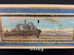 Ancienne Boite à ouvrage peinte tableau peuplier miroir Coffret Couture 1800