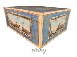 Ancienne Boite à ouvrage peinte tableau peuplier miroir Coffret Couture 1800