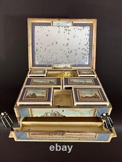 Ancienne Boite à ouvrage peinte tableau peuplier miroir Coffret Couture 1800