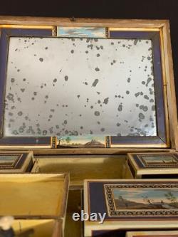 Ancienne Boite à ouvrage peinte tableau peuplier miroir Coffret Couture 1800