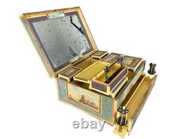 Ancienne Boite à ouvrage peinte tableau peuplier miroir Coffret Couture 1800