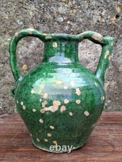 Ancienne Gargoulette Orjol Cruche Barque Terre Cuite Vernissée Verte XIXème Sud