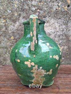 Ancienne Gargoulette Orjol Cruche Barque Terre Cuite Vernissée Verte XIXème Sud