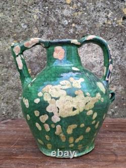Ancienne Gargoulette Orjol Cruche Barque Terre Cuite Vernissée Verte XIXème Sud