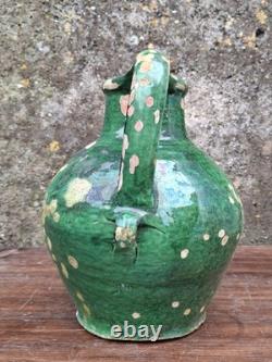 Ancienne Gargoulette Orjol Cruche Barque Terre Cuite Vernissée Verte XIXème Sud