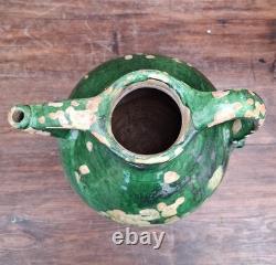 Ancienne Gargoulette Orjol Cruche Barque Terre Cuite Vernissée Verte XIXème Sud