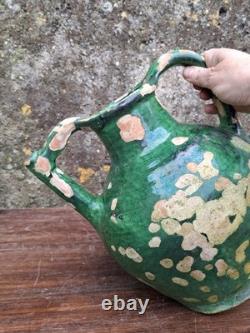 Ancienne Gargoulette Orjol Cruche Barque Terre Cuite Vernissée Verte XIXème Sud