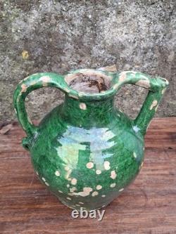 Ancienne Gargoulette Orjol Cruche Barque Terre Cuite Vernissée Verte XIXème Sud