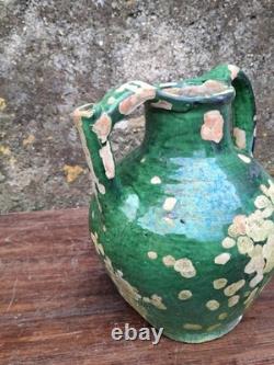 Ancienne Gargoulette Orjol Cruche Barque Terre Cuite Vernissée Verte XIXème Sud