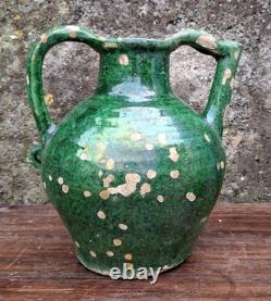 Ancienne Gargoulette Orjol Cruche Barque Terre Cuite Vernissée Verte XIXème Sud