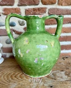 Ancienne Gargoulette Orjol Cruche de Barque Terre Cuite Vernissée Verte XIXème