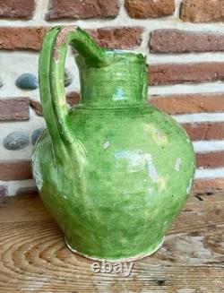 Ancienne Gargoulette Orjol Cruche de Barque Terre Cuite Vernissée Verte XIXème