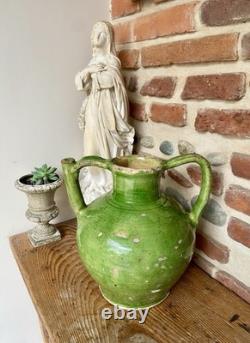 Ancienne Gargoulette Orjol Cruche de Barque Terre Cuite Vernissée Verte XIXème