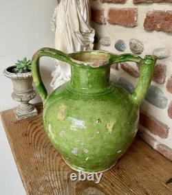Ancienne Gargoulette Orjol Cruche de Barque Terre Cuite Vernissée Verte XIXème