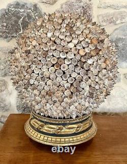 Ancienne Grande Boule De Coquillages Sur Socle Bois Doré Décoration Maison 27 Cm