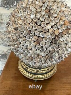 Ancienne Grande Boule De Coquillages Sur Socle Bois Doré Décoration Maison 27 Cm