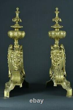 Ancienne Paire de chenets bronze dorés putti joufflu Louis XIV cheminée décor