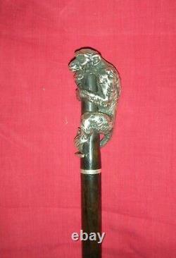 Ancienne canne en bronze argenté singe perché old walking stick vintage cane