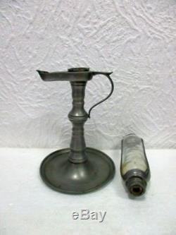 Ancienne et rare lampe horloge à huile en étain