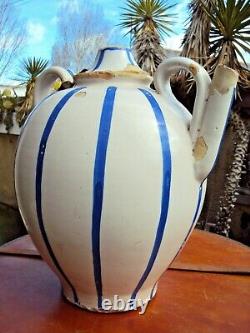 Ancienne grosse cruche vernissée blanc et bleue 19 ème