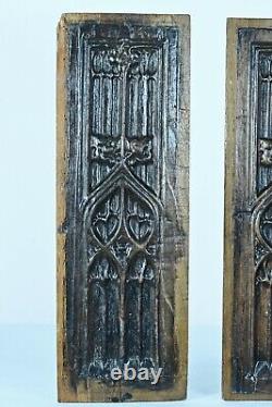 Ancienne paire de panneaux gothique bois sculpté haute époque chêne médiéval