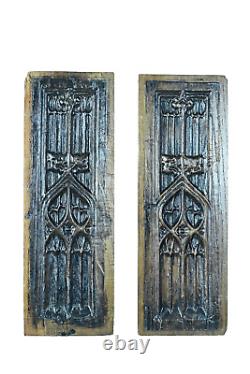 Ancienne paire de panneaux gothique bois sculpté haute époque chêne médiéval