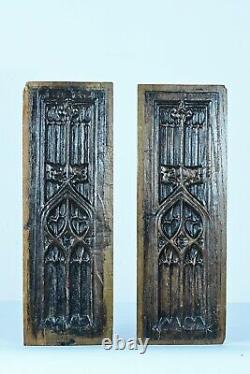 Ancienne paire de panneaux gothique bois sculpté haute époque chêne médiéval