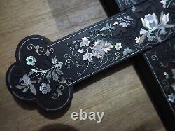 Antique Croix Bois Nacre Incrusté Large Chinese Mother of Pearl Inlaid Cross