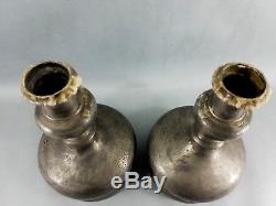 Antique Pair Candlesticks Pewter Short Stem Rising From Bulbos Base 18 T