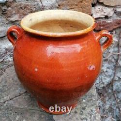 Antique Pot à Confit Poterie Provençale à Glaçure Brun-Orangé intérieur Jaune