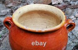 Antique Pot à Confit Poterie Provençale à Glaçure Brun-Orangé intérieur Jaune