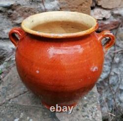 Antique Pot à Confit Poterie Provençale à Glaçure Brun-Orangé intérieur Jaune