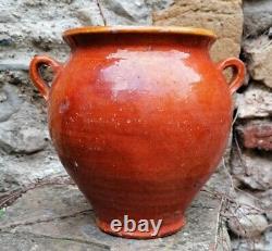 Antique Pot à Confit Poterie Provençale à Glaçure Brun-Orangé intérieur Jaune