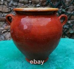 Antique Pot à Confit Poterie Provençale à Glaçure Brun-Orangé intérieur Jaune
