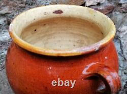 Antique Pot à Confit Poterie Provençale à Glaçure Brun-Orangé intérieur Jaune