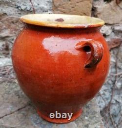 Antique Pot à Confit Poterie Provençale à Glaçure Brun-Orangé intérieur Jaune
