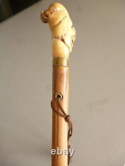 Art populaire Canne ancienne en bois Walking stick pommeau grostésque