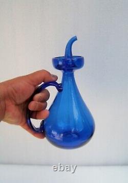 Art populaire ancienne bouteille Burette à huile en verre soufflé bleu cobalt
