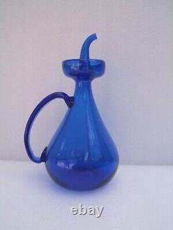 Art populaire ancienne bouteille Burette à huile en verre soufflé bleu cobalt