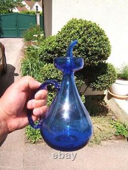 Art populaire ancienne bouteille Burette à huile en verre soufflé bleu cobalt